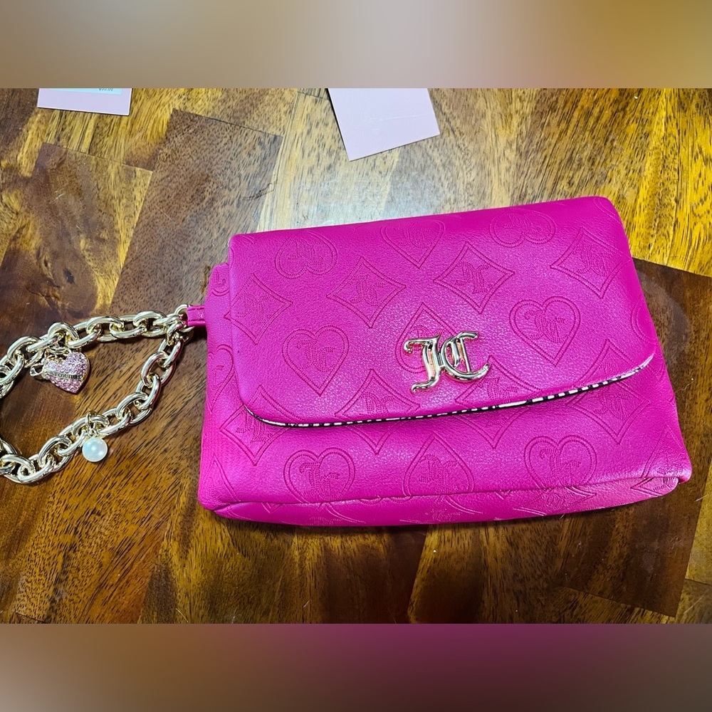 Juicy Couture Pink Clutch with Embossed Pattern and Chain Strap